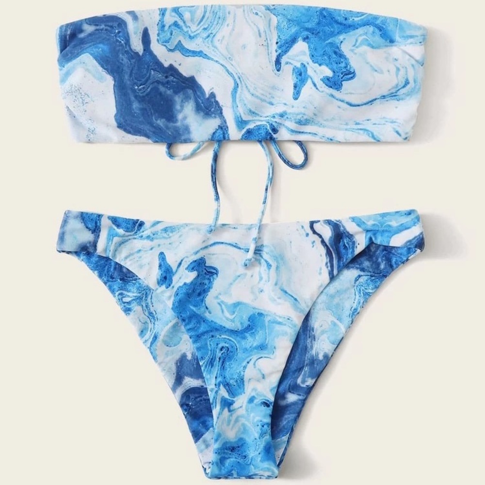 blue marble print bandeau bikini set